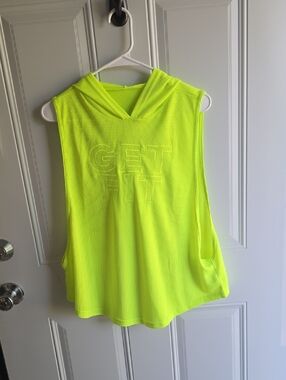 Neon Yellow Hooded Mesh Tank Top with Subtle 'GET FIT' Detail
